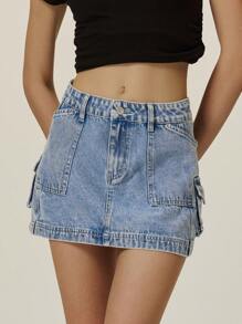 Poéselle Women's Casual Washed Denim Cargo Skirt