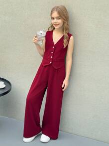 SHEIN Nova Glow Tween Girls Casual Street Style Woven Sleeveless Top And Straight-Leg Pants 2 Pieces Set - Burgundy - View 4