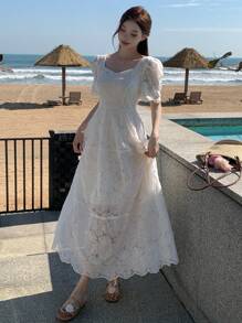 DAZY Women's Bohemian Style Lace Puff Sleeve Waist-Defined Mid-Length Dress Sundress - White - View 4