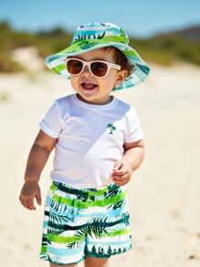 SHEIN Playful Pals Bộ trang phục thường ngày đi biển mùa hè cho bé trai 3 món - Áo phông tay ngắn họa tiết sọc, quần short cạp chun, mũ rộng vành chống nắng - Nhiều màu - Xem 1