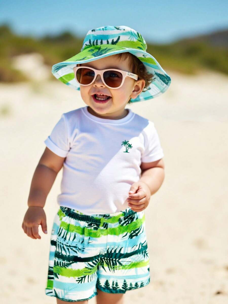SHEIN Playful Pals Bộ trang phục thường ngày đi biển mùa hè cho bé trai 3 món - Áo phông tay ngắn họa tiết sọc, quần short cạp chun, mũ rộng vành chống nắng - Nhiều màu - Xem 1