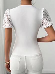 Chiquease Women Crochet Crew Neck Embroidered White T-Shirt, French Design Sense With Deep V Neck Embroidery