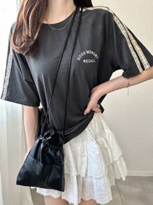 FRIFUL 女士灰色宽松 T 恤配蕾丝丝带和字母印花，夏季上衣 - 灰色 - 查看 3