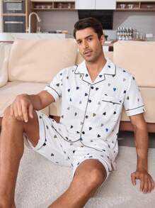 Heart Print Short Sleeve Top And Shorts Pajama Set For Men - Multicolor - View 7