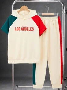 SHEIN Leap Crew 2pcs Set Teen Boys Casual Colorblock Patchwork Short Sleeve Shorts Set, Street Punk Rock Style For Daily Wear, Party, Music Festival, Spring & Summer - Multicolor - View 8