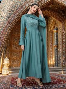 Al Najma Vestido de estilo árabe de manga larga y longitud de maxifalda para mujer