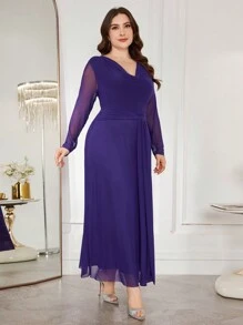 Modelyn 女士荷叶边高领长袖修身优雅派对连衣裙，柔软舒适网眼缎带加大码