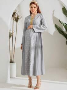 SHEIN Maternity Casual Long Sleeve Patchwork Ribbon Trim Notched Neck Dress