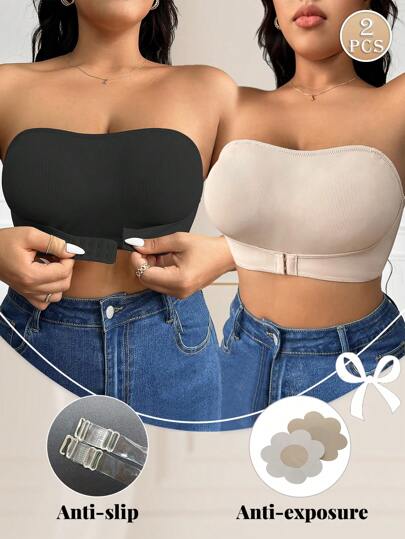 2pcs/Set Summer Strapless Seamless Bandeau Bras, Non-Slip Anti-Flashing Plus Size Tube Tops