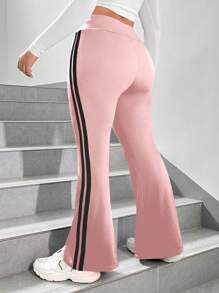 SHEIN EZwear Plus Size Casual Minimalist Colorblock Striped Slim Flare Pants - Baby Pink - View 2