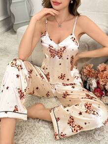 仿丝蝴蝶印花吊带背心和长裤女士睡衣套装 - 杏色 - 查看 6