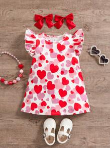 SHEIN Baby Girl Summer Cute Casual Knit Stretch Heart Print Cap Sleeve Dress