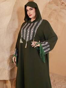 Al Najma Plus Size Women Casual Printed Patchwork Hooded Long Sleeve Loose Tunic Kaftan, For Spring Autumn - Green - View 1