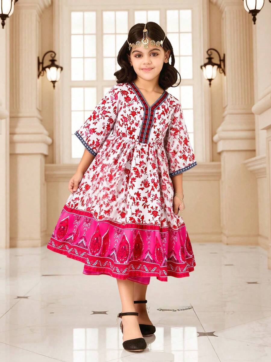 Girls Ramadan Ditsy Floral V-Neck Patchwork Long Dress/Maxi Gown, Suitable For Spring/Summer Holiday - Multicolor - View 1