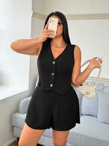 SHEIN EZwear Plus Size Vacation Suit,Black Sleeveless Vest Matching Shorts,Spring Summer Clothes - Black - View 7