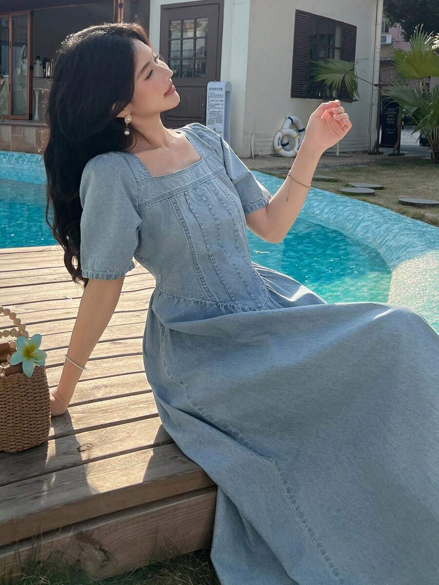 DAZY Women's Vacation Casual Puff Sleeve Waist Cinched Denim Dress