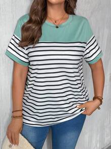 SHEIN LUNE Plus Size Women Colorblock Stripe Round Neck Short Sleeve Casual T-Shirt - Multicolor - View 1