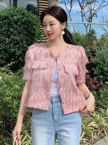 DAZY Textured Round Neck Puff Sleeve Button-Up Women Casual Shirt - Pink - View 3