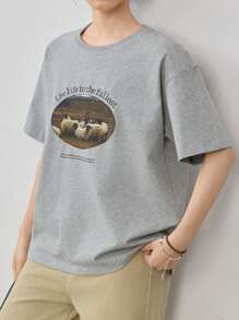 Dazy-Less Loose Casual Business Letter & Graphic Print Short Sleeve Women T-Shirt Old Money Style Summer - Grey - View 4