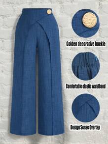 SHEIN LUNE 大码女式非牛仔裤，时尚交叉腰部金属扣装饰，松紧腰部宽松阔腿裤，休闲别致设计，适合音乐节、情人节、感恩节、休闲聚会、海滩度假、公园野餐、通勤。面料舒适，风格独特，性价比高。 - 藍色 - 查看 1