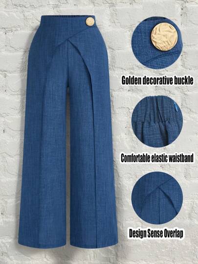 SHEIN LUNE بنطلون للمرأة حجم كبير ليس من الجينز، مع تصميم عصري متقاطع الخصر به إكسسوار إبزيم معدني، خصر مطاطي وساق فضفاضة واسعة، تصميم كاجوال أنيق، مناسب لمهرجانات الموسيقى وعيد الحب وعيد الشكر والتجمعات الكاجوال والعطلات الشاطئية وحفلات النزهة، قماش مريح، طراز متميز، فعال من حيث التكلفة