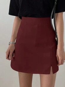 DAZY Casual Solid Color High Waist Slit Red Skirt Fall Skirts - Burgundy - View 2