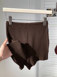 Comfortcana 女士纯色松紧腰罗纹短裤 - 巧克力棕 - 查看 4