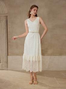MOTF PREMIUM FLORAL EMBROIDERY RUFFLE TRIM DRESS - Beige - View 4