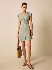 SHEIN Frenchy 女式夏季纯色 V 领蝴蝶袖 A 字迷你连衣裙，泡泡纱绉布面料，夏季