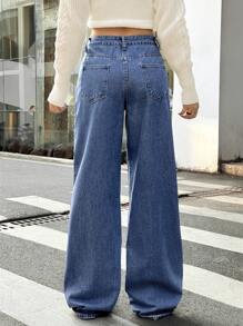 Forever 21 Women's Washed Dark Blue Loose Wide Leg Casual Jeans With Pockets