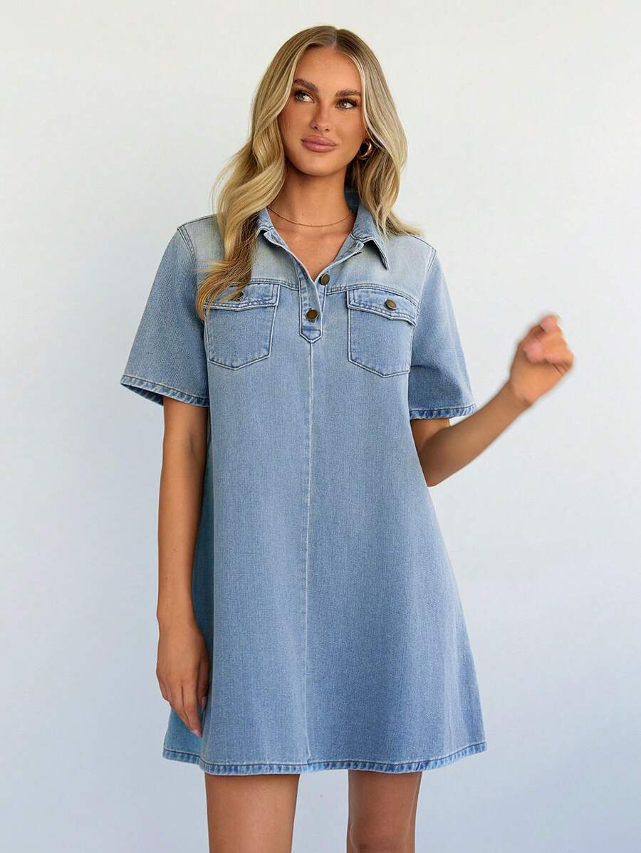 Forever 21 Women's Casual Washed Denim Short Sleeve Dress