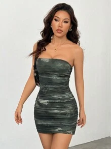 SHEIN PETITE Sfumato Mesh Print Women's Bandeau Party Mini Dress,Vacation Outfits Women