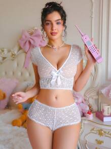 PetitDoll 2pcs Set Lace Wedding Women's Wireless Bra - White - View 1