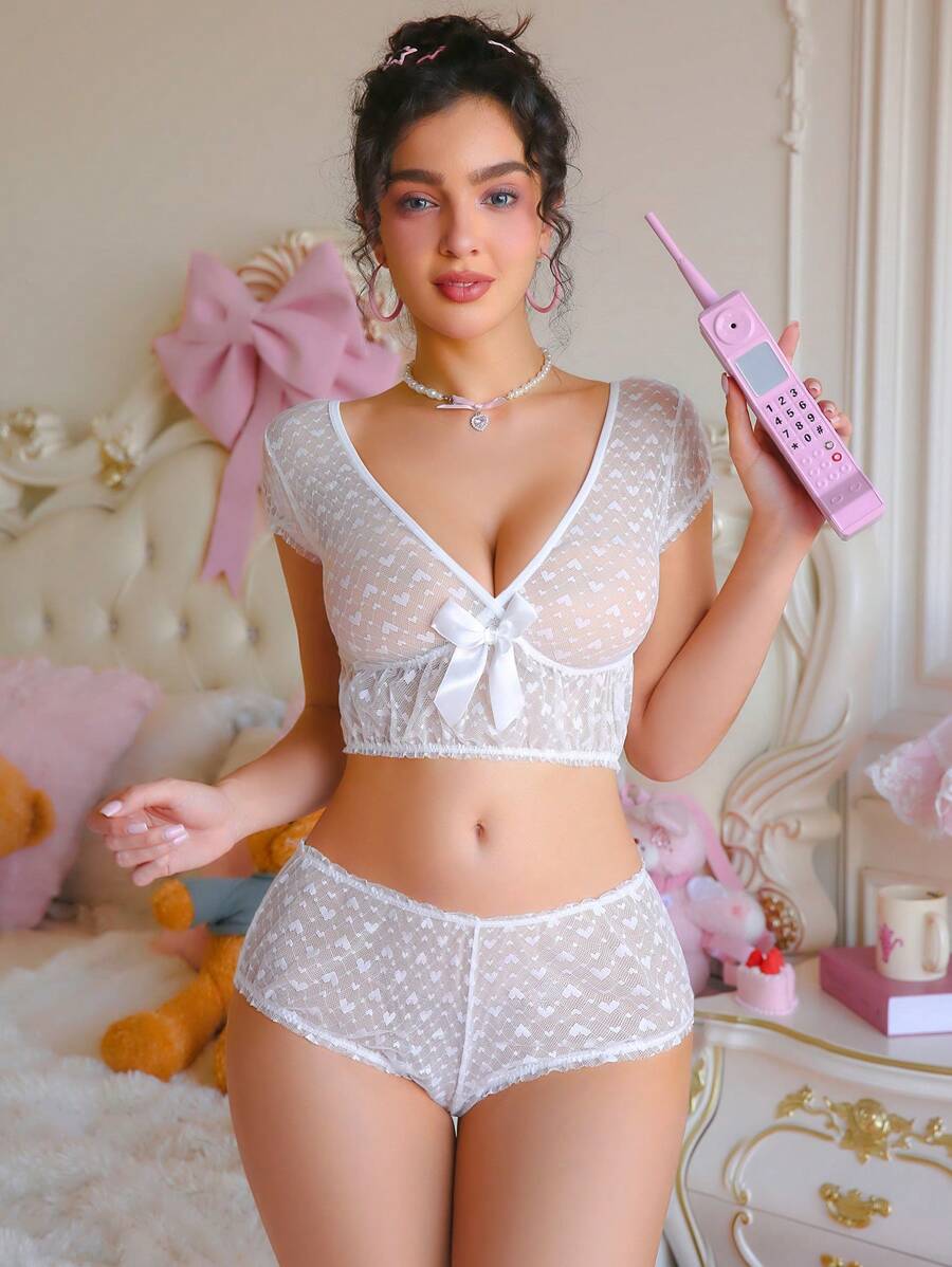 PetitDoll 2pcs Set Lace Wedding Women's Wireless Bra - White - View 1