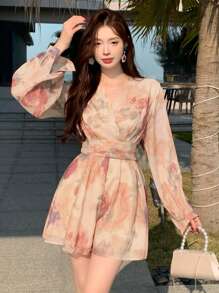 DAZY 女士碎花灯笼袖收腰连体裤，优雅假日夏季女式连体裤度假装 - 粉色 - 查看 4