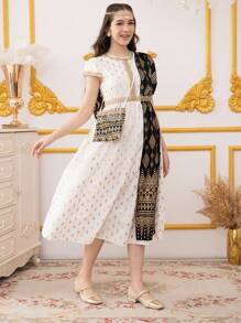 SHEIN 少女锡箔圆点印花拼布系带袖连衣裙 - 彩色 - 查看 6
