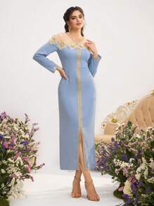 Al Najma Women's Elegant 3D Flower Decor Long Sleeve Arabic Style Dress, Arabian Dresses