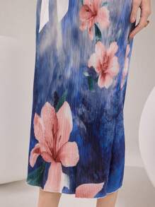 Modelyn Damen Blumen-Druckkleid mit rundem Ausschnitt und Kurzarm, elegantes langes Kleid - Blau - Übersicht 7