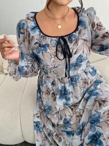 Modelyn Vestido de manga larga con estampado floral vintage de gasa con nudo delantero para mujer de talla grande - Azul - Ver 5