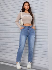 SHEIN Tall Jeans de tiro alto estilo novio desgastados para mujer, ajuste holgado y lavado vintage Y2K