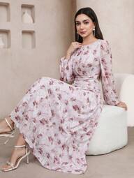 Veilorie Women's Floral Print Lantern Sleeve Waist Ruched Dress
