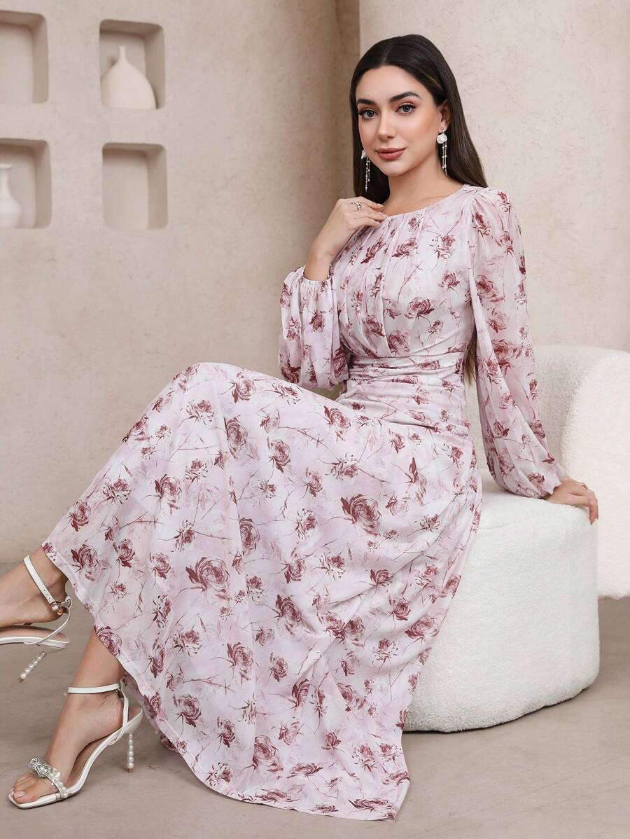 Veilorie 女士花卉印花灯笼袖腰褶皱连衣裙 - 彩色 - 查看 1