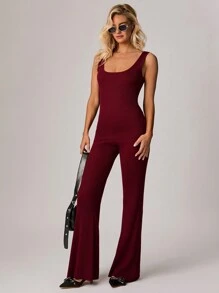 Forever 21 女式纯色休闲百搭喇叭针织裤 - 酒紅色 - 查看 5