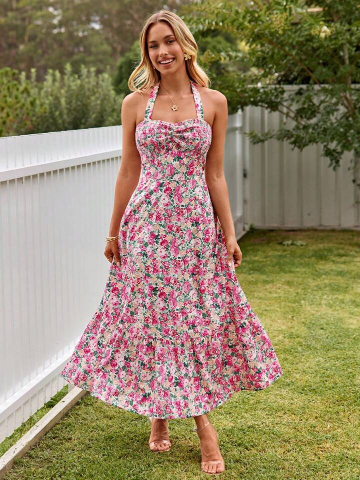 KARISMINA Women's Floral Print Halter Neck Mid-Length Vacation Dress,Elegant