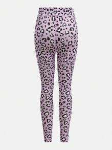 SHEIN Conjunto deportivo con estampado de leopardo de manga corta y cuello redondo para niñas preadolescentes