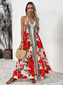 Breezaya Women's New Fashion Summer Vacation Spaghetti Strap Neck Print A-Line Dress