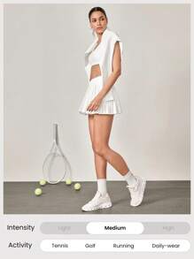 GLOWMODE Let's Play Sweat-Wicking Stretchy Mid-Rise Crossover Waist Pleated Tennis Skirt With Built-In Shorts Side Pockets Tennis Golf Daily - White - View 9