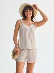 Wildy Của phụ nữ Sọc Áo ba lỗ Và Bộ quần short - Màu be - Xem 2