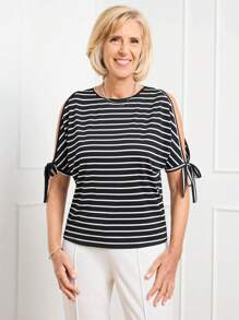 SHEIN LUNE Women's Striped Open Shoulder Loose Casual T-Shirt - Black and White - View 4