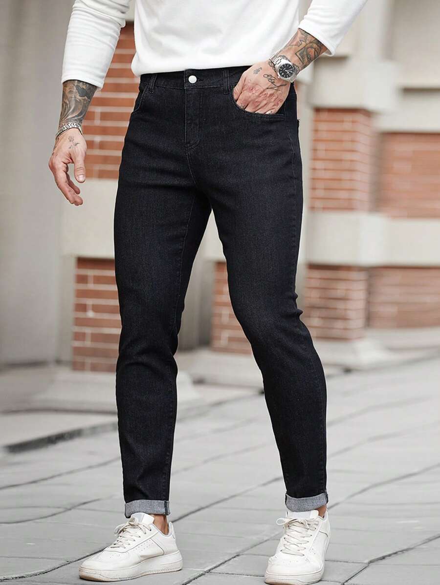 Manfinity Homme Men's Washed Grey Denim Stretch Skinny Jeans - Dark Grey - View 1